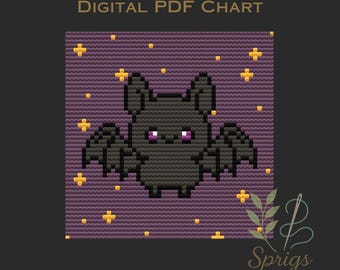 May include: Digital PDF chart showing a black pixelated bat with purple eyes and outstretched wings, set against a purple background with yellow star accents. The text "DIGITAL PDF CHART" is at the top.