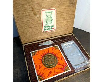 Vintage Sunflower Cheese Board Set With Knife & Metal Tray In Original Box