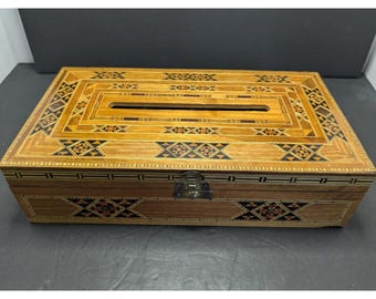Vintage Damascus Micro-Mosaic Wood Inlay Tissue Box With Intricate Geometric