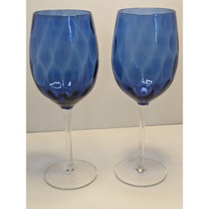 2 Blue Vtg. Wine Glasses Hand Blown Reversed Thumbprint Design Empoli ? SEE