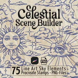 Sellos Celestiales para Procreate: Set de Pinceles de Elementos del Cielo / Soles, Lunas y Nubes / Arte Lineal PNG