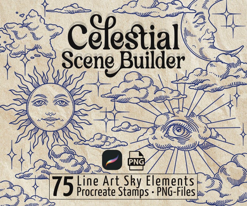 Celestial Procreate Stamps – Sky Elements Brush Set | Suns, Moons ...