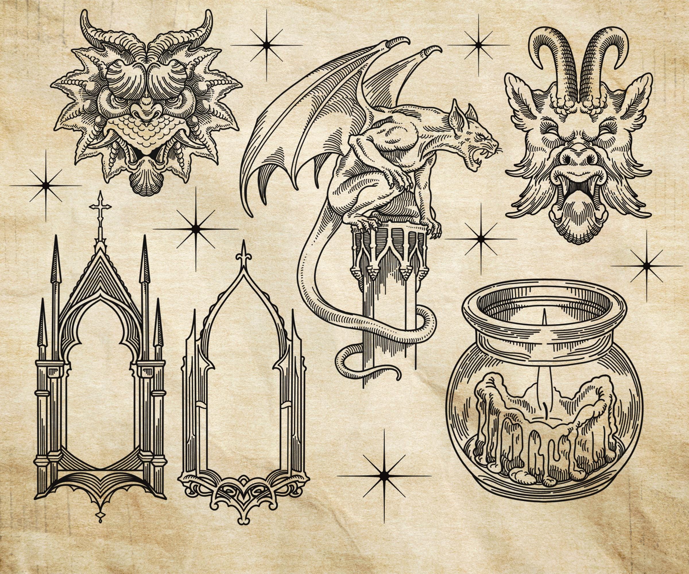 Gothic Tattoo Flash Set – 40 Hand Drawn Engraving Designs (procreate ...