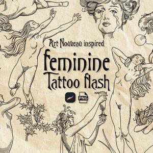 Può includere: Foglio di flash per tatuaggi di ispirazione Art Nouveau con diverse illustrazioni di figure nude in varie pose. Le parole "feminine tattoo flash" sono visualizzate in un carattere decorativo. L'opera d'arte è in inchiostro nero su sfondo beige.
