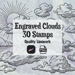 May include: A digital art graphic featuring engraved cloud stamps. The image includes a sun, various cloud designs, and the text "Engraved Clouds 30 Stamps Quality Linework" with a Procreate and PNG logo.