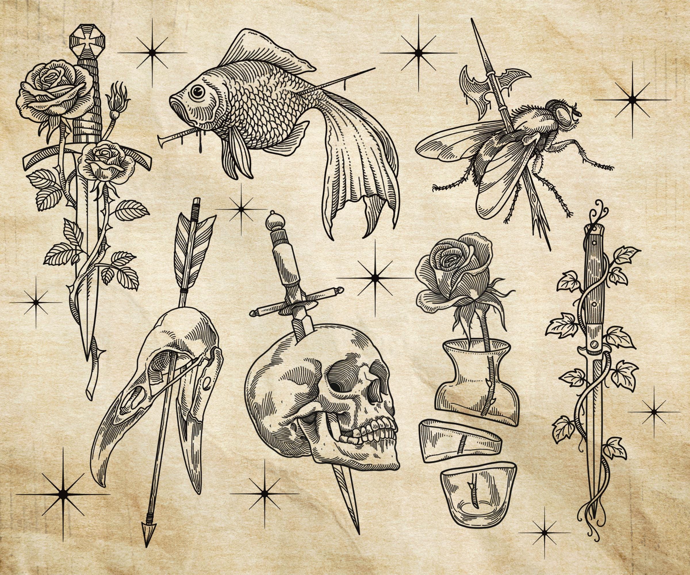 Gothic Tattoo Flash Set – 40 Hand Drawn Engraving Designs (procreate ...