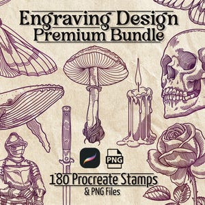 May include: An engraving design premium bundle with 180 Procreate stamps and PNG files. The image features detailed illustrations of a moth, whale, mushroom, candle, skull, rose, knight, and a sword, all in a vintage style.