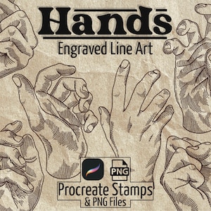 Procreate Hand Stamps Engraving Style – Line Art Tattoo, Digital Art & Print Designs, (+PNG)