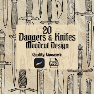 May include: A collection of 20 daggers and knives in a woodcut design, with intricate linework. The image features various blade and handle styles, with the text "20 Daggers & Knives Woodcut Design" and "Quality Linework".