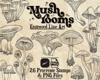 Mushroom Procreate Brushes: 26 Hand-Drawn Tattoo Stamps, PNG Graphics