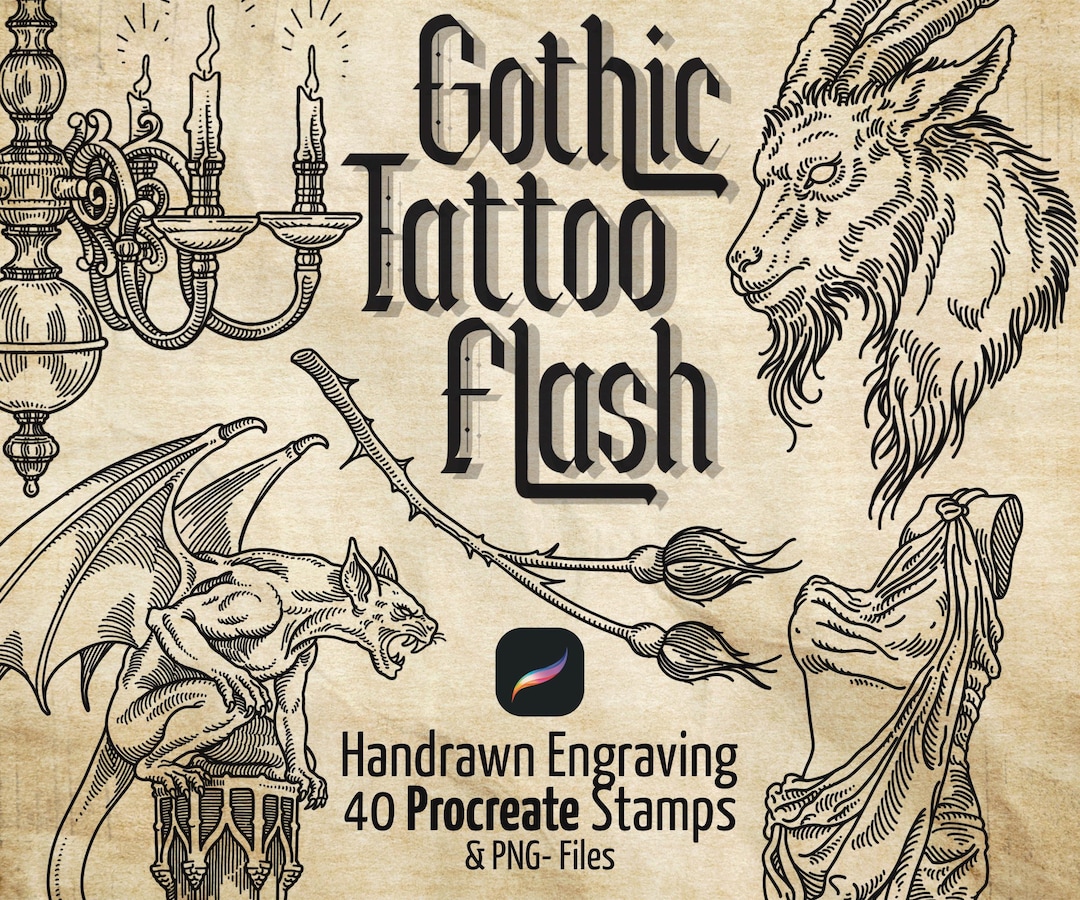 Gothic Tattoo Flash Set – 40 Hand Drawn Engraving Designs (procreate ...