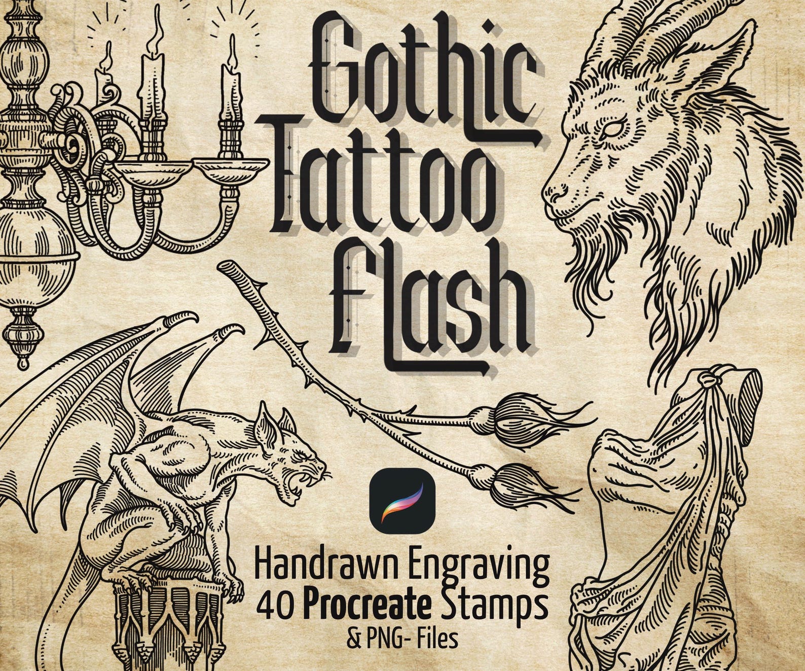 Gothic Tattoo Flash Set – 40 Hand Drawn Engraving Designs (procreate ...