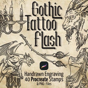 Peut inclure: Impression d'art numérique présentant des motifs de flash de tatouage gothique. L'image comprend des illustrations d'une gargouille, d'une créature ressemblant à une chèvre, d'un candélabre et d'autres éléments gothiques.