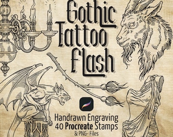May include: A digital art print featuring gothic tattoo flash designs. The image includes illustrations of a gargoyle, a goat-like creature, a candelabra, and other gothic elements. The text "Gothic Tattoo Flash" is prominently displayed.