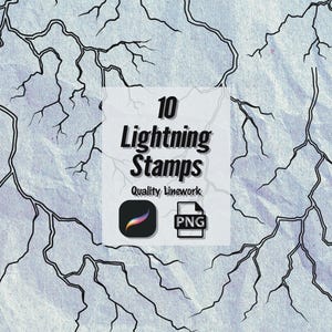May include: Digital art graphic featuring a textured, light blue background with black lightning bolt illustrations. A central square displays the text "10 Lightning Stamps, Quality Linework" with a Procreate app icon and a PNG file icon.
