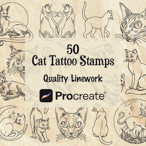 50 Hand-Drawn Cat Tattoo Stamps for Procreate: Feline Designs, Commercial Use