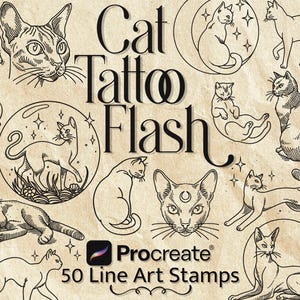 Procreate Cat Stamps: 50 Detailed & Playful Hand-Drawn Tattoo Designs