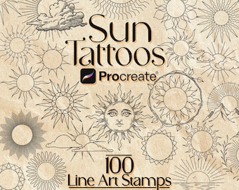 100 Line Art Solstämplar för Procreate: Tatuering och digital konst + illustrationspenslar