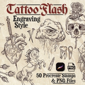 Puede incluir: Una colección digital de 50 sellos de tatuaje flash en estilo grabado, con ilustraciones de una daga, un corazón, una calavera con rosa, un caballo, un barco, una nube con un ojo, dientes y una bala, con el texto Tattoo Flash.