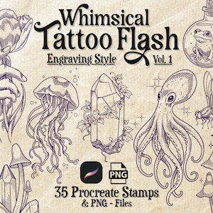 Procreate 気まぐれな彫刻タトゥーフラッシュスタンプ – 手描き線画（PNGファイル）