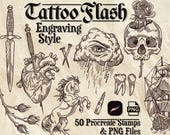 Procreate Tattoo Flash Stamps: 50 Hand-Drawn Engravings + PNGs | Skulls, Daggers & Dark Designs