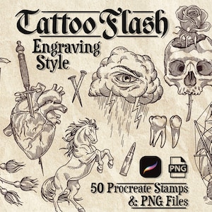 Sellos de tatuajes para Procreate: 50 grabados a mano + PNG / Calaveras, dagas y diseños oscuros