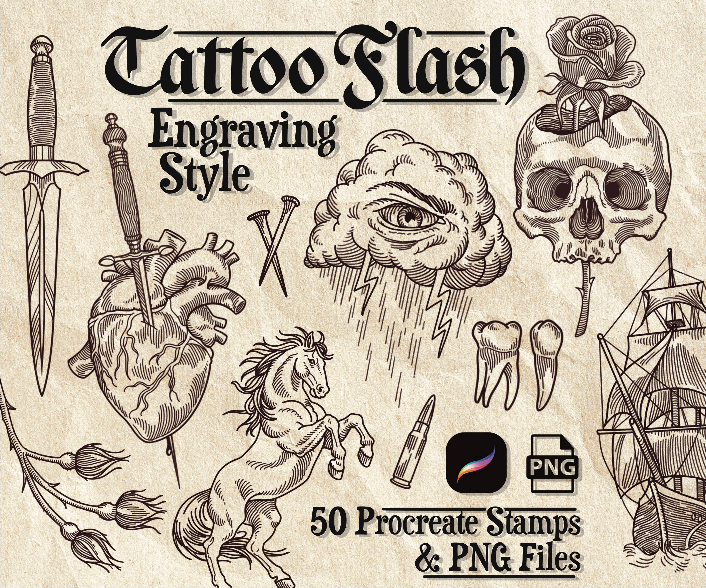 Procreate Tattoo Flash Stamps: 50 Hand-drawn Engravings + Pngs | Skulls ...