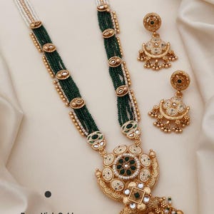 Conjunto de collar nupcial Kundan Rani Haar, collar de latón chapado en oro de alta calidad con múltiples hilos de cuentas y pendientes Chandbali.