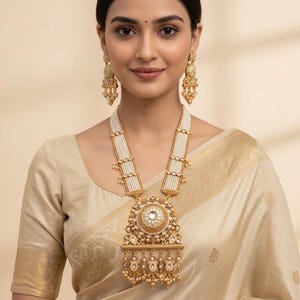 Brass High Gold Long Rani Haar Necklace Set with Earrings | Traditional Indian Bridal Jewelry