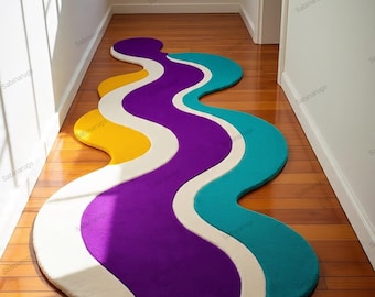 Tapete passadeira ondulado e colorido, tapete de lã tufado à mão, tapete moderno abstrato para corredor, tapete de corredor de designer macio com pelo alto.