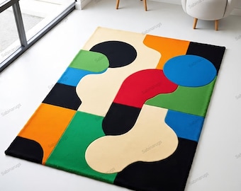 Alfombra abstracta colorida hecha a mano, moderna alfombra geométrica de lana, alfombra contemporánea para sala de estar, decoración del hogar hecha a mano.