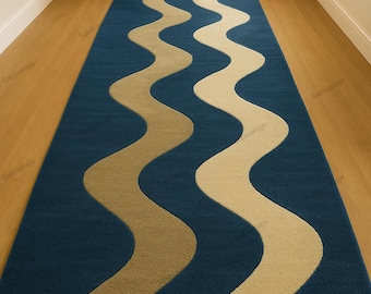 Hand Tufted Wool Rug, Navy Blue Wave Area Rug, Modern Wavy Carpet for Living Room, Abstract Geometric Floor Decor