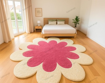 Pink Flower Rug, Hand Tufted Wool Area Rug, Floral Daisy Carpet, Cream & Pink Rug, Modern Bedroom Rug, Living Room Decor, Handmade Carpet