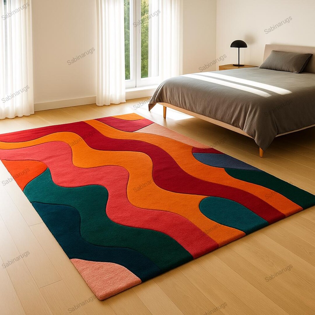 Modern Colorful Wavy Wool Rug Hand Tufted Abstract Area Carpet for ...