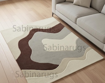 Modern Abstract Area Rug Neutral Wavy Design Carpet for Living Room Contemporary Soft Tufted Rug Aesthetic Home Decor Floor Mat