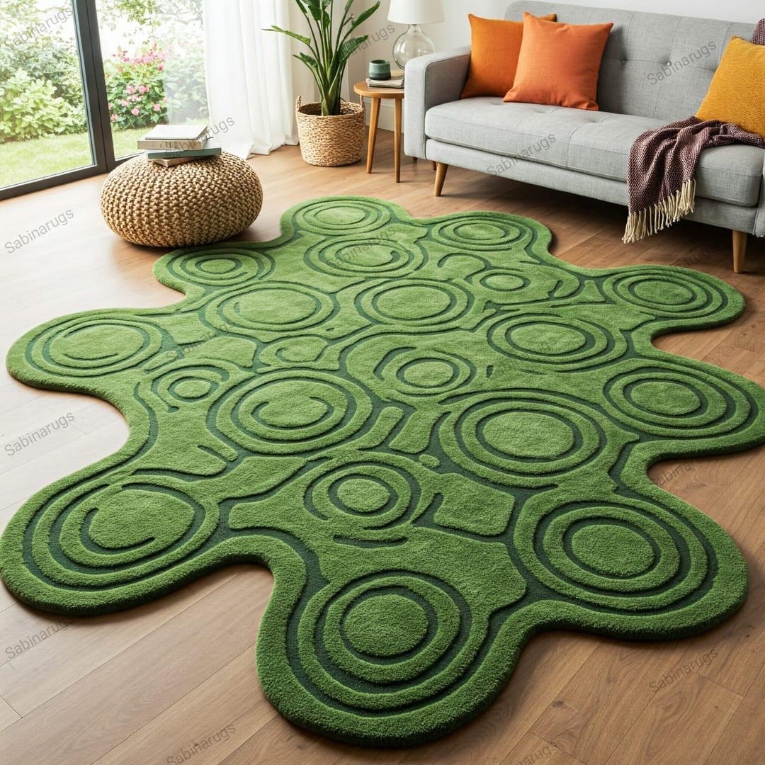 Green Abstract Tufted Rug, Organic Shape Rug, Hand Tufted Wool Rug ...