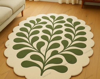 Botanical Bliss Round Hand Tufted Teppich - Elegantes Grünes Blatt-Design auf Soft Cream