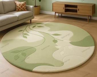May include: A round rug with a nature-inspired design. The rug features a light green and cream color palette with a leaf and vine pattern. The rug is placed on a hardwood floor in a living room setting.
