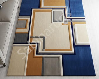 Modern geometrisch handgetuft wollen tapijt, blauwbeige abstract vloerkleed, modern woonkamertapijt, luxe handgemaakt tapijt