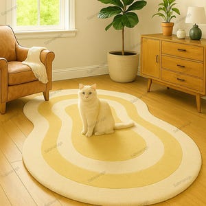 Handmade Wavy Rug, Aesthetic Scandinavian Decor, Irregular Area Rug, Custom Wool Tufted Rug, Yellow Tufted Rug, Retro Rug, Modern Room Decor