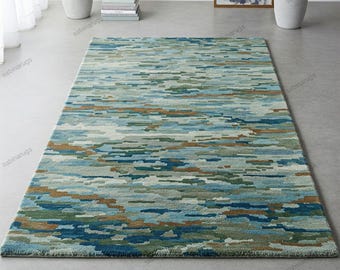 Modern Hand Tufted Area Rug, Abstract Blue Green Wool Carpet, Contemporary Living Room Floor Rug, Custom Size Rug
