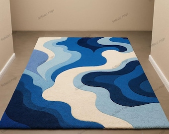Hand Tufted Blue Abstract Rug, Modern Wool Area Rug, Contemporary Living Room Carpet, Luxury Handmade Tufted Rug, Bedroom Home Decor