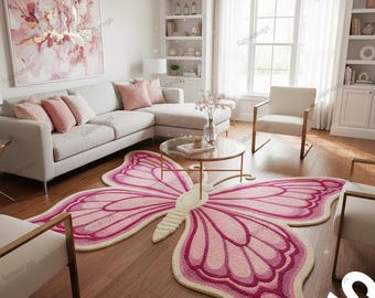 Exquisite Butterfly Rug, Hand Tufted Rug, Shape Rug, Pink & Multi, Handmade Wool Rug, for Living, Dining, Bedroom, Kid Room