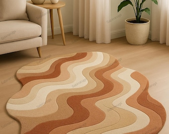 Moderner Gewellter Wollteppich Retro Beige Braun & Creme Abstrakter Teppich für Wohnzimmer Gemütlicher ästhetischer Bodendekor