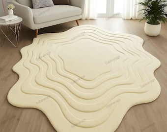 Tappeto in lana color avorio, sagomato e trapuntato a mano, moderno tappeto ondulato, tappeto scolpito a pelo alto e basso, arredamento di lusso per il soggiorno.
