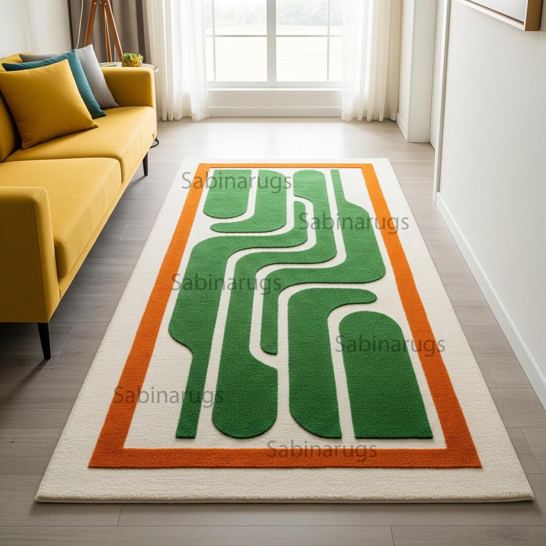 Hand Tufted Green Border Rug Modern Geometric Wool Area Rug Custom ...