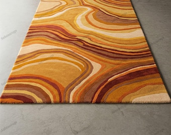 Abstract Earth Tone Area Rug  BrownBeige & Ochre Hand Tufted Wool Rug, Modern Organic Pattern Carpet for Living Room