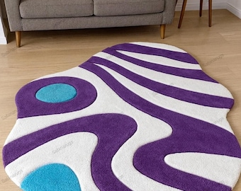 Purple Abstract Hand Tufted Wool Rug, Organic Shaped Area Rug, Modern Wavy Carpet, Luxury Handmade Rug, Living Room Decor