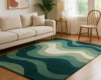Tappeto moderno verde astratto con motivo ondulato, tappeto fatto a mano, tappeto tuftato per soggiorno e camera da letto, tappeto decorativo per la casa di dimensioni personalizzate