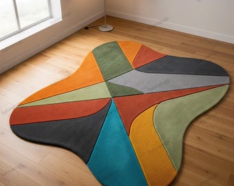 ハンドタフテッドの抽象的な不規則な形のラグ、モダンでカラフルなウールエリアラグ、リビングルームや寝室のインテリアに最適な現代的なデザイナーカーペット